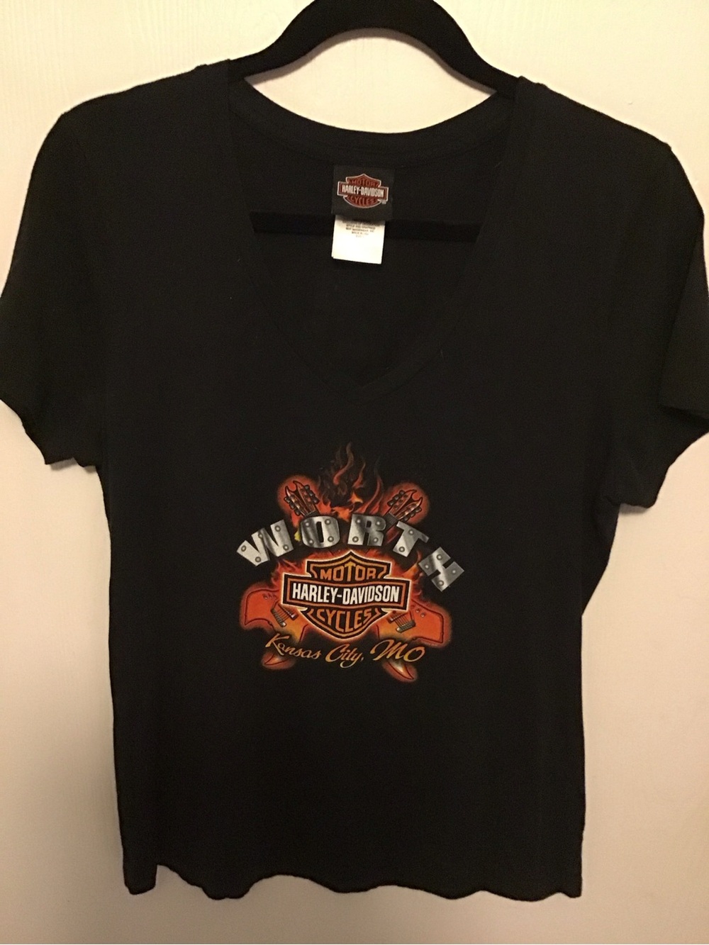 Harley-Davidson Black V-Neck Tee with Orange Flame Crest
